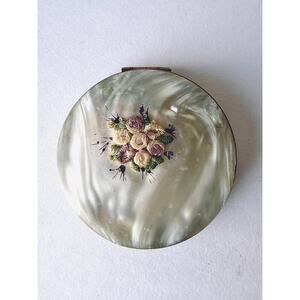 Vintage Floral Powder Compact Mother of Pearl Look Brass Tone Vanity Case